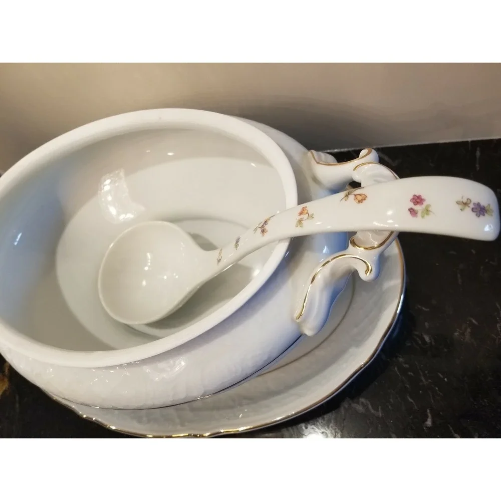 Vintage JWK Covered TUREEN w Rose Bud and Large Platter & Ladle Germany